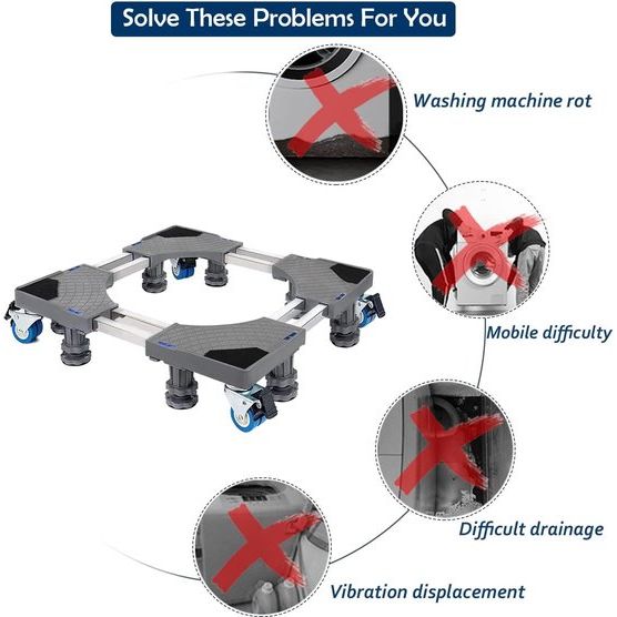 Onderstel voor wasmachine, dubbele buizen, 8 poten en 4 wielen voor wasmachine, koelkast en droger, verstelbare wasmachinesokkel met antislip schokdempingsfunctie