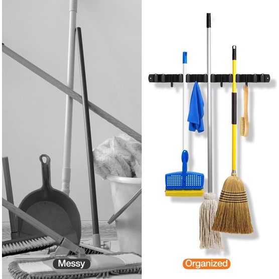 Bezemhouder Muur, Bezemhouder Apparaathouder Wandmontage Roestvrijstalen bezem Mophouder Zelfklevende gereedschapshouder Organizer met 5 houders en 4 haken voor huis, keuken, garage, tuin
