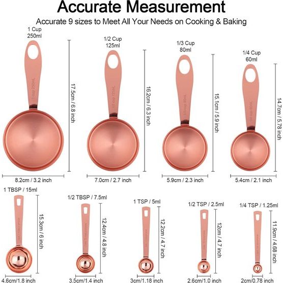 Maatbekers en maatlepels, 8 stuks, roestvrijstalen handgreep met metrische en Amerikaanse maten, goudgepolijst oppervlak, maatbeker voor droge en vloeibare ingrediënten, voor bakken en