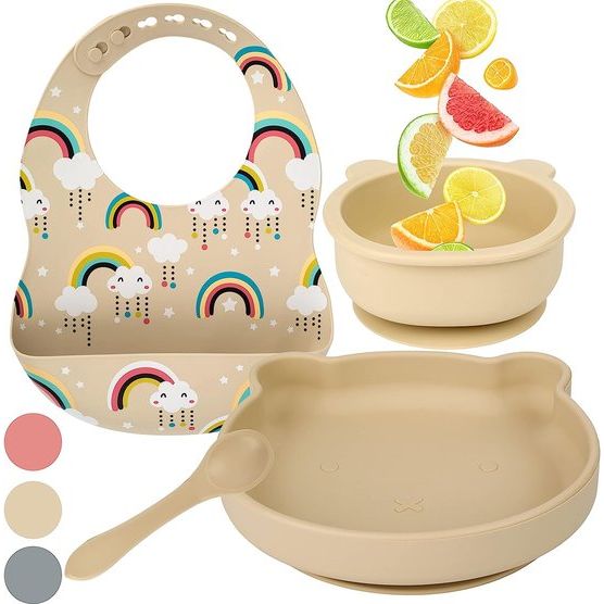 Kinderservies - Babybord Antislip BPA-vrij + Babyschaal Met Zuignap + Siliconen Lepel + Babyslabbetje - Babyservies - - Kinderbord Beige