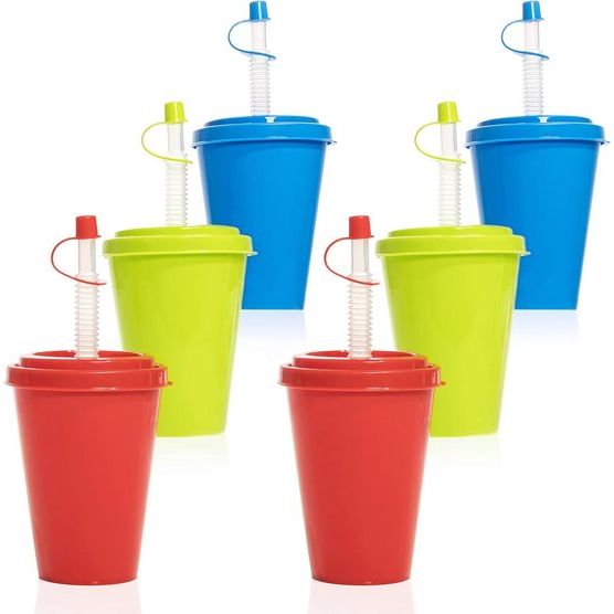Drinkbekerset met rietje en deksel - Herbruikbare plastic bekers van 400 ml voor kinderen en volwassenen (blauw, groen, rood, set van 6)