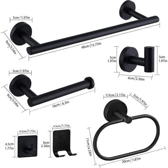 8-delige roestvrijstalen badkameraccessoireset, handdoekenrek, toiletrolhouder, handdoekring, kapstok, 2 zelfklevende haken, 2 scheermeshouders (zwart)