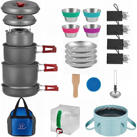 Camping kookgerei, set, campingservies voor gaskoker, aluminium, pannenset, opvouwbaar, kookpan, outdoor servies, pan, picknickservies voor camping, hiking, trekking, wandelen, 37-delig (3-4 personen)