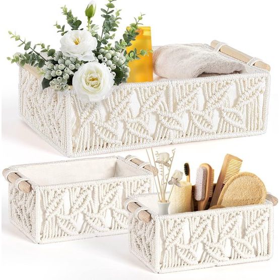 Set van 3 macramé opbergmanden, handgemaakte mand, badkameropslag met handvat, plank, kast, organizer, boho-decoratie voor badkamer, slaapkamer, woonkamer, ivoor