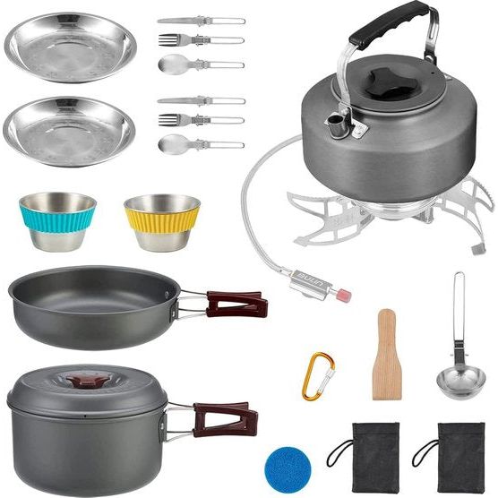 Camping kookgerei, set, campingservies voor gaskoker, aluminium, pannenset, opvouwbaar, kookpan, outdoor servies, pan, picknickservies voor camping, hiking, trekking, wandelen, 20-delig (2 personen)