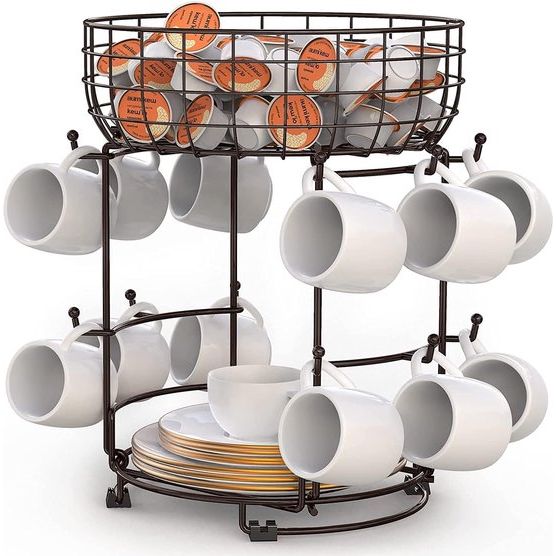 Bekerhouder, staande krakelstandaard, capsulehouder, kopjesrek, organizer, metaal, voor koffiekopjes en bekers, koffiebar, accessoires en keukenorganisatie, 12 haken (brons)
