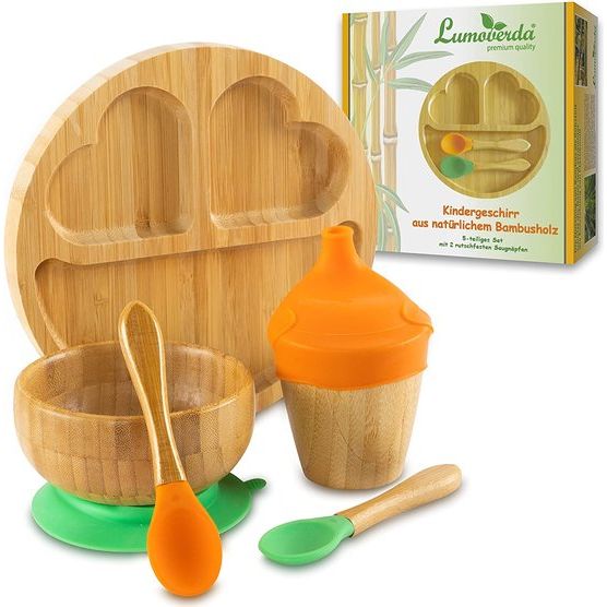 Kinderserviesset van bamboe, melaminevrij, babyservies, antislip, Kinderbord met zuignap (extra groot), mueslikom, drinkbeker, 2 lepels