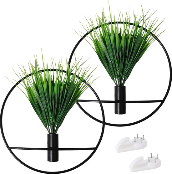 Set van 2 kunstplanten met rond mat zwart metalen hangframe voor wanddecoratie, aan de muur gemonteerde kunstplanten met metalen banden voor moderne zwarte wanddecoratie