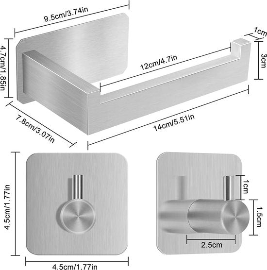 Toiletpapierhouder zonder boren, zelfklevende toiletpapierrolhouder, roestvrij staal, wc-houder, rolhouder, papierhouder met 2 stuks handdoekhaken voor badkamer en keuken, zilver