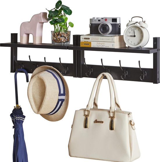 Wandkapstok met plank, set van 2 wandrekken in één pakket, garderobehaken met 8 dubbele haken, 80 cm voor hoeden, kleding, decoratie in de ingang, hal, keuken, slaapkamer, zwart