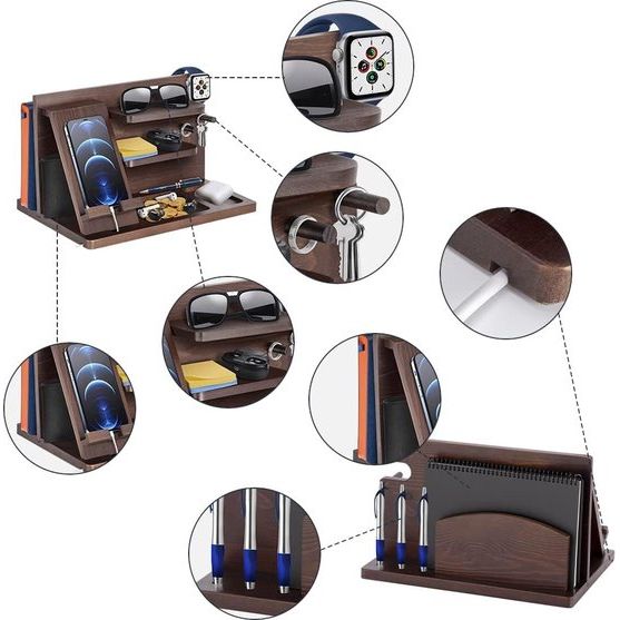 Cadeaus voor mannen: houten telefoon docking station, sleutel horloges, portemonnee standaard, nachtkastje organizer. Mannen idee verjaardag geschenk: echtgenoot mobiele telefoon station, gadgets mannen.