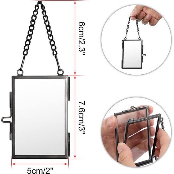 Set van 4 mini-rechthoekige fotolijsten van metaal en glas, hangende glazen fotolijst, geometrisch ornament, plantenmonsterclip, voor geperste bloemenfoto's, zwart