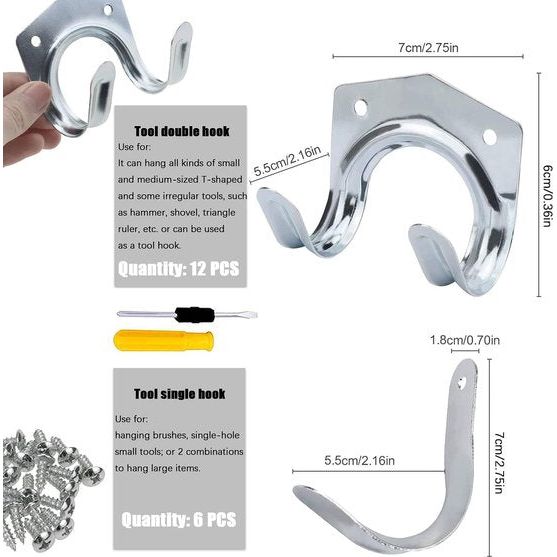 18 stuks tuingereedschapshouders, haken, enkele haak/dubbele haken, gereedschapshouder voor garage, tuin, fietsschuur met 30 schroeven en 1 schroevendraaier