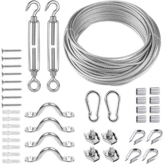 Draadkabel 3 mm RVS, 20 m/3 mm staalkabel gecoat, staalkabel met ogen, M5 kabelspanner, RVS, spandraad, spanset voor buiten, licht ophangen, hekspannerset