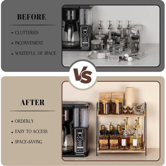 Koffie-organizer, koffiebar-accessoires organisator hout, koffie-opslag voor koffiestation, werkbladen kruidenrek voor keuken, 2-laags koffiecaddy voor keuken, thuis, kantoor - bruin