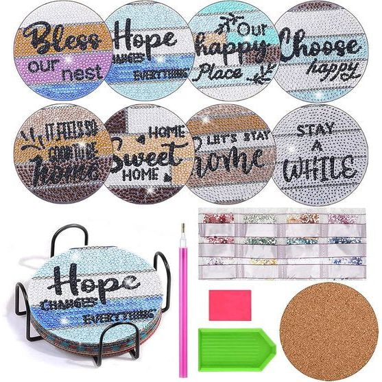 8 stuks Diamond Painting onderzetters met houder, diamond painting voor volwassenen, herbruikbare doe-het-zelf kerstmokkenonderzetters met diamanten en montagegereedschap voor kopjes, vazen, kaarsen decoratie