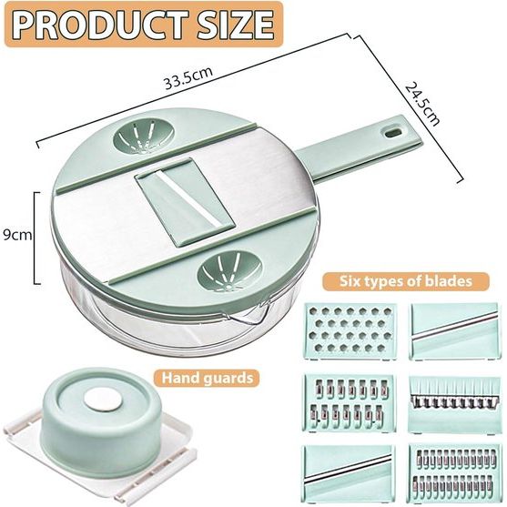 6-in-1 groentesnijder, uiensnijder, groenteschaaf, fruitsnijder, groentesnijder, handmatig, bloksnijder met 6 verwisselbare messen voor wortel, komkommer, aardappel, pompoen, courgette