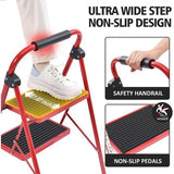 Trapladder, vouwladder met antislip en breed pedaal, kleine ladder met handvat, robuuste stalen ladder, lichtgewicht en draagbare trapladder (rood, 4 treden met leuningen)