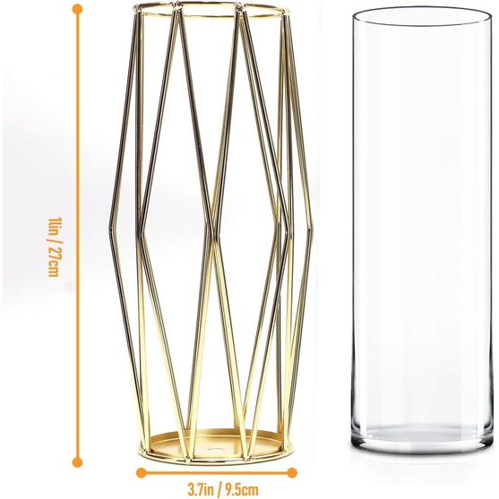 Gouden vazen, decoratie voor pampasgras, vaas met metalen frame, 22 cm, geometrische decoratieve vaas, grote cilindervazen, voor woonkamer, bruiloft, tafel, badkamer, eettafel