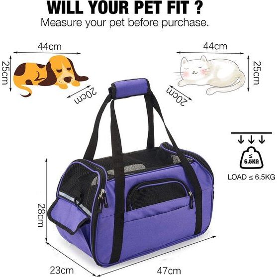 Transportbox voor honden en katten, opvouwbaar, waterdicht, met schouderriem, zacht gevoerd, voor reizen in het vliegtuig, auto of trein, voor huisdieren (paars, L: 47 x 23 x 28 cm)