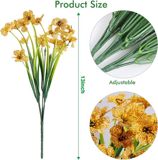 Kunstbloemen 16 bundels voor buiten, UV-bestendig, nepbloemen, vervaagt niet, faux kunststof, groenery, struiken, tuin, veranda, vensterbox, decoratie (geel)