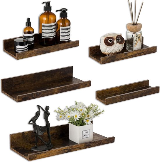 Wandrek, houten rek, 5-delige set, zwevende planken, vintage wandplanken, houten rek voor keuken, kinderkamer, woonkamer