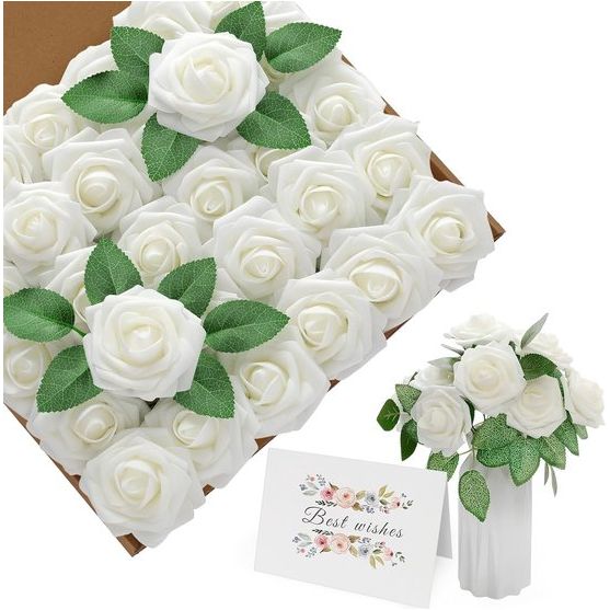 Kunstbloemen Witte Rozen, 30 stuks 8 cm Boeket Kunstmatige Decoratieve Bloemen Neprozen met Stengels en Kaart voor Valentijnsdag Huis Tuin Verjaardagsfeestje DIY Bruiloft Decoratie