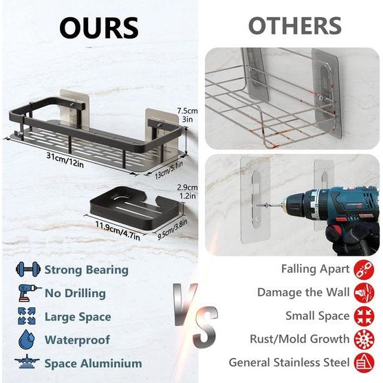 Doucheplank zoned bores, zeepbakje, doucheplank voor badkamer kamer met haak voor het ophangen van sponzen, ruimtealuminium, plakken, wandmontage, badkamer organizer, douchemand, keukenrek, Zwart