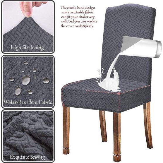 Stretch waterdichte jacquard met lang rooster, eetkamerstoelhoezen voor eetkamerstoelen (grijs, 6 stuks)