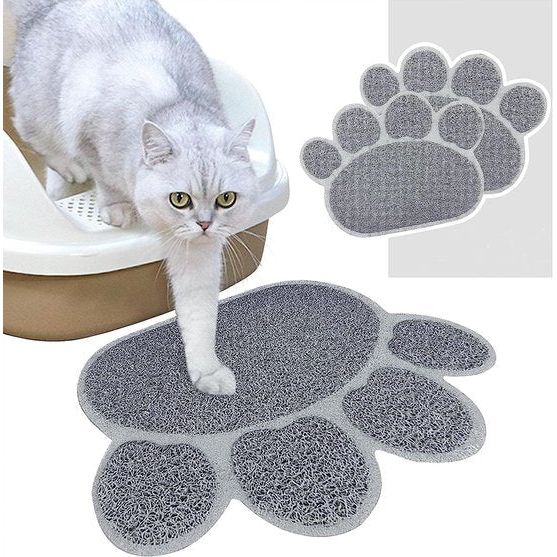 Kattenbakmat, 2 stuks kattenbaktapijten kattenbakmat, voerbak voor huisdieren, water, gemakkelijk schoon te maken, waterdicht en duurzaam, PVC-kussen in de vorm van schattige klauw, grijs