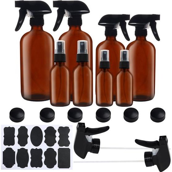 Belle Vous Amber Glazen Spuitflessen Set (8 Pak) 57-455 ml – Geassorteerde Lege/Navulbare Fijne Bemistings-Containers met Labels en doppen voor Essentiële Olies, Schoonmaken