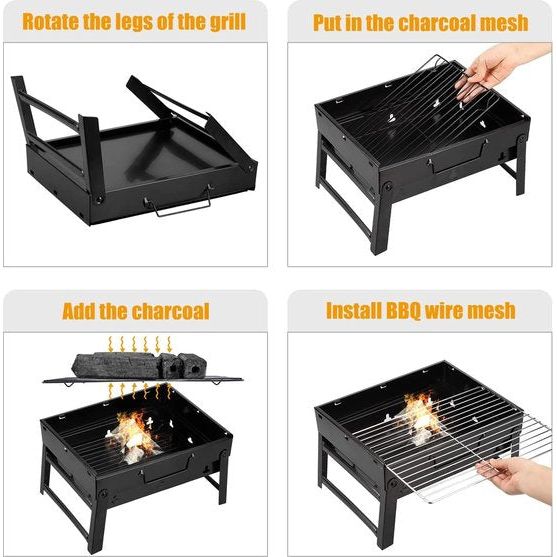 Houtskoolgrills, draagbare grill, roestvrij staal, houtskool, smoker, char broil, BBQ, pit grill voor outdoor camping (middel), zwart