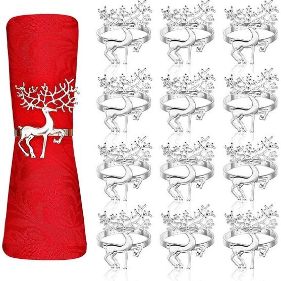 12 stuks kerstrendier servetringen, 6 cm zilveren eland servettenhouder rendier servettengesp voor Kerstmis, lunch, Thanksgiving, feest, vakantie, bruiloft, tafeldecoratie