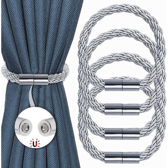 Magnetische gordijngordijngordijnhouders voor gordijnen, vouwhouders, touw, achterwaartse gordijnbinders, gordijnhouder, decoratie, woning, moderne gordijnclips voor huis, café, kantoor, 4 stuks (zilver)