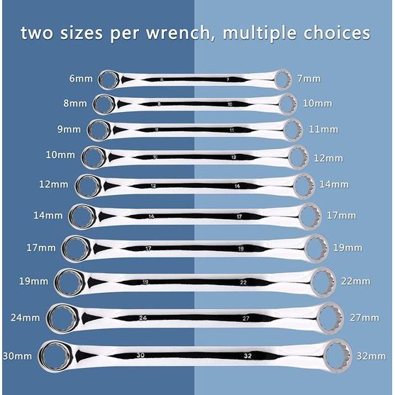 HRC38-45 Dubbele ringsleutelset, 10 stuks, 45 Koolstofstaal Metrisch 45 graden 6-32 mm Combinatiesleutelset