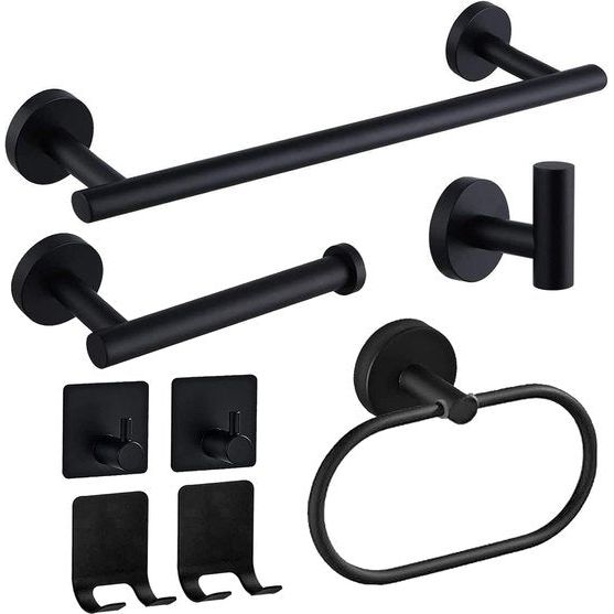 8-delige roestvrijstalen badkameraccessoireset, handdoekenrek, toiletrolhouder, handdoekring, kapstok, 2 zelfklevende haken, 2 scheermeshouders (zwart)