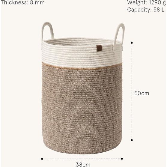 Gevlochten mand, katoenen touw, opbergmanden, grote katoenen mand, wasmand voor deken, kinderspeelgoed, S-wasmand voor kinderkamer, 58 liter, mokka