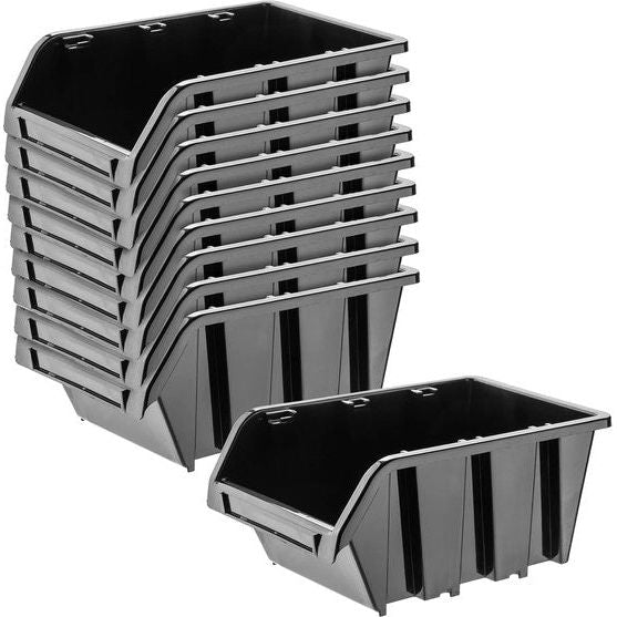 Werkplaatsstapelkist, stapelbox van PP-kunststof - opbergbox in verschillende maten, opbergdozen voor gereedschapswand, opbergdoos, sorteerbox - Zwart 10 stuks, 195 x 120 mm