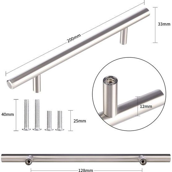 20 stuks kastgrepen, keukengrepen, 128 mm, roestvrij staal, meubelgrepen, ladegrepen, deurgrepen voor keukenkasten, laden, kast, Ø 12 mm, zilver