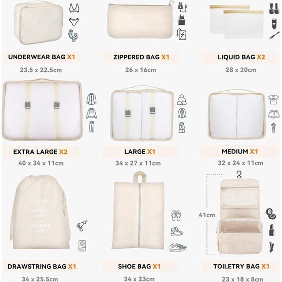 Kofferorganizerset, beige, 11-delige inpakkussenset, waterdichte kledingtassen, kofferorganizer voor vakantie en reizen, kubussenset, reiskubussen, kaki