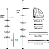 Telescopische doucheplank, 190-310 cm, in hoogte verstelbare doucheplank zonder boren, roestvrij staal, hoekrek, badkamerrek met 4 x manden, 4 x haken en 1 x handdoekhouder voor handdoek,