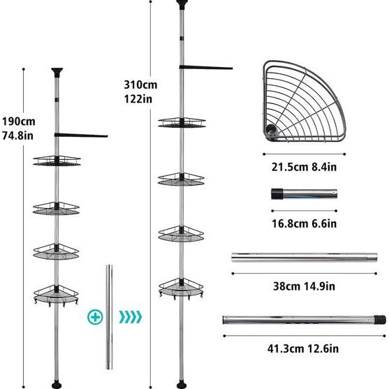 Telescopische doucheplank, 190-310 cm, in hoogte verstelbare doucheplank zonder boren, roestvrij staal, hoekrek, badkamerrek met 4 x manden, 4 x haken en 1 x handdoekhouder voor handdoek,