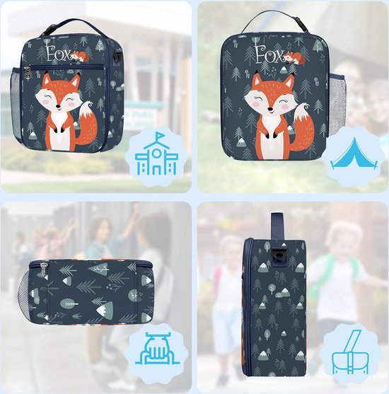 Fuchs geïsoleerde lunchtas voor kinderen, met flessenhouder, blauwe koeltas, klein, draagbaar, voor jongens en meisjes