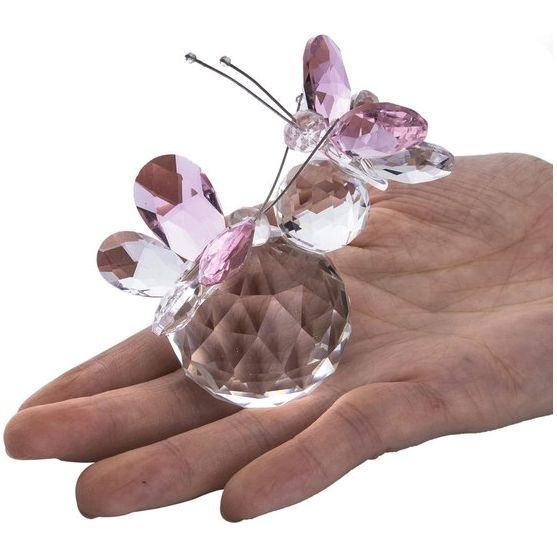 Roze kristal dubbele vlinder figuur cadeau, handgemaakt kunstglas dier verzamelstuk geschenkdoos