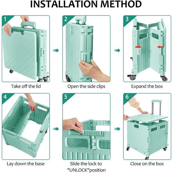 Boodschappentrolley, inklapbaar, transporttrolley, tot 40 kg, met deksel en telescopische handgreep, 4 wielen, winkelwagen, vouwbox (groen)