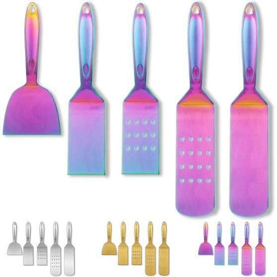 Rainbow BBQ-accessoireset, 5 stuks, roestvrijstalen handgreep met baklite, geen smelten, geen loslaten en hittebestendig, grill-grill-grill-accessoires