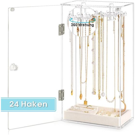 Halskettinghouder, acryl sieradenorganizer met 24 haken, draaibare doorzichtige halsketting-hanger, displaystandaard, stofdicht fluwelen sieradendienblad ophanging