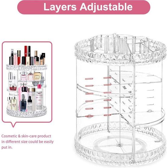 Acryl make-up organizer, cosmetische opslag, ijdelheid parfumhouder in werkblad badkamer dressoir, 360 roterende make-upstandaard voor schoonheid Caddy huidverzorging, helder & ruitpatroon