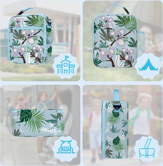 Kleine geïsoleerde lunchtas voor kinderen, meisjes en jongens, grote draagbare lunchtas voor picknick, scholen, lichte koeltas met flessenhouder, lekvrij, tasriem, groene koala's