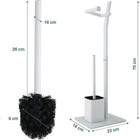 Toiletrolhouder Wc Set - Wit - 22X18X70 Cm - Toiletrolhouder Gratis Staat Inclusief - Roestvrij Staal - Strong Glass Base - Extra: 1 Plus 2 Vervangende Toiletborstelkoppen!